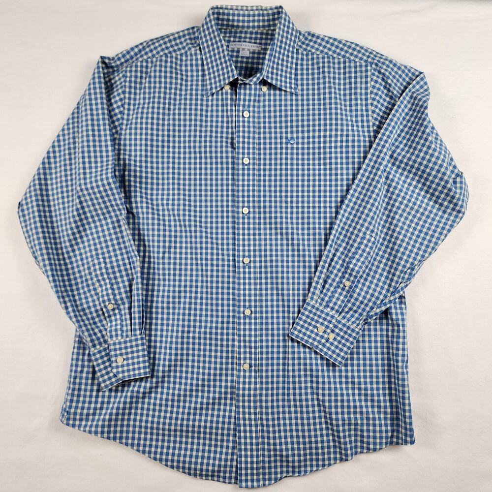 Southern Tide Mens Large Blue Yellow Gingham Button Up Long Sleeve Classic Fit